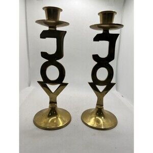 2 Solid Brass JOY Candlestick Holders 8" Tall International Silver Company  gold